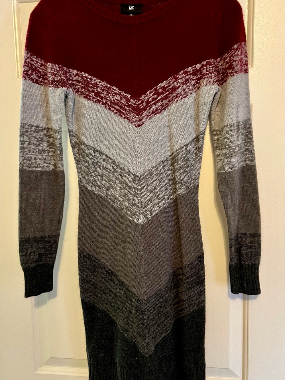 iZ Byer Burgundy & Gray Chevron Striped Long Sleeve Sweater Dress - Size M